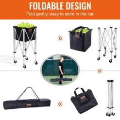 VEVOR Foldable Tennis Ball Hopper, Holds 180 Tennis Balls, Lightweight Aluminum Alloy Tennis Ball Basket Cart with Wheels, Removable Bag, Carry Bag, Portable Sports Teaching Cart for Tennis Player
