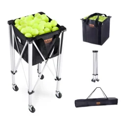 VEVOR Foldable Tennis Ball Hopper, Holds 180 Tennis Balls, Lightweight Aluminum Alloy Tennis Ball Basket Cart with Wheels, Removable Bag, Carry Bag, Portable Sports Teaching Cart for Tennis Player