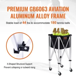 VEVOR Foldable Tennis Ball Hopper, Holds 180 Tennis Balls, Lightweight Aluminum Alloy Tennis Ball Basket Cart with Wheels, Removable Bag, Carry Bag, Portable Sports Teaching Cart for Tennis Player