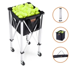 VEVOR Foldable Tennis Ball Hopper, Holds 180 Tennis Balls, Lightweight Aluminum Alloy Tennis Ball Basket Cart with Wheels, Removable Bag, Carry Bag, Portable Sports Teaching Cart for Tennis Player