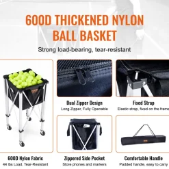 VEVOR Foldable Tennis Ball Hopper, Holds 150 Tennis Balls, Lightweight Aluminum Alloy Tennis Ball Basket Cart with Wheels, Removable Bag, Carry Bag, Portable Sports Teaching Cart for Tennis Player