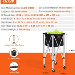 VEVOR Foldable Tennis Ball Hopper, Holds 150 Tennis Balls, Lightweight Aluminum Alloy Tennis Ball Basket Cart with Wheels, Removable Bag, Carry Bag, Portable Sports Teaching Cart for Tennis Player