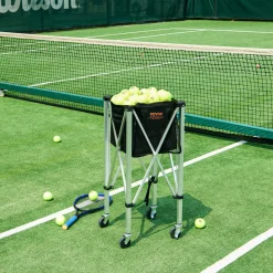 VEVOR Foldable Tennis Ball Hopper, Holds 150 Tennis Balls, Lightweight Aluminum Alloy Tennis Ball Basket Cart with Wheels, Removable Bag, Carry Bag, Portable Sports Teaching Cart for Tennis Player