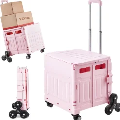 VEVOR Foldable Utility Cart, 65L Collapsible Portable Crate Rolling Cart with Stair Climbing Wheels & 360° Swivel Wheels, Hand Cart with Telescoping Handle for Shopping Office Moving Teacher, Pink
