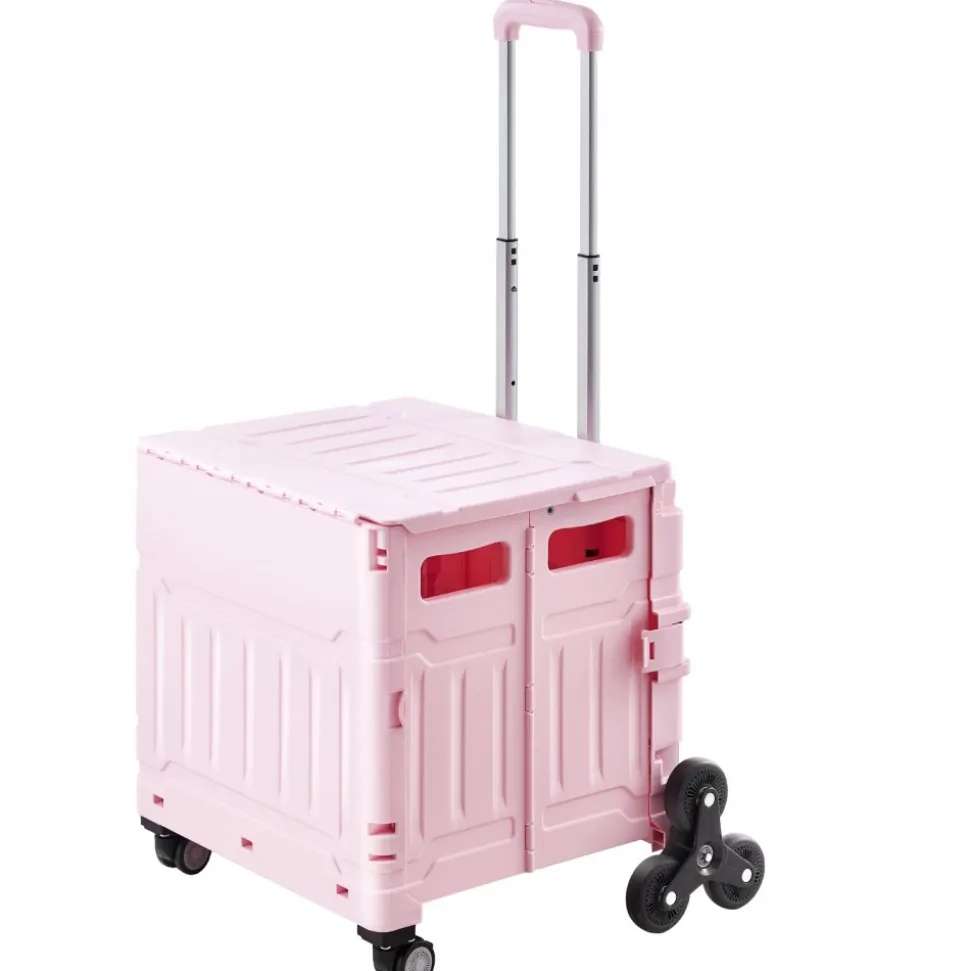 VEVOR Foldable Utility Cart, 65L Collapsible Portable Crate Rolling Cart with Stair Climbing Wheels & 360° Swivel Wheels, Hand Cart with Telescoping Handle for Shopping Office Moving Teacher, Pink