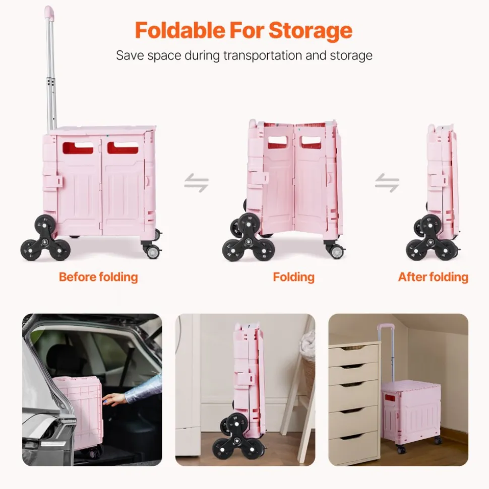 VEVOR Foldable Utility Cart, 65L Collapsible Portable Crate Rolling Cart with Stair Climbing Wheels & 360° Swivel Wheels, Hand Cart with Telescoping Handle for Shopping Office Moving Teacher, Pink