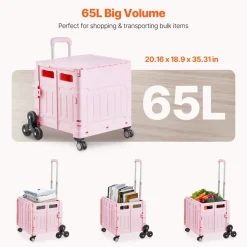 VEVOR Foldable Utility Cart, 65L Collapsible Portable Crate Rolling Cart with Stair Climbing Wheels & 360° Swivel Wheels, Hand Cart with Telescoping Handle for Shopping Office Moving Teacher, Pink