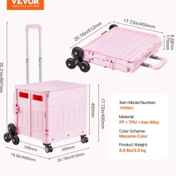 VEVOR Foldable Utility Cart, 65L Collapsible Portable Crate Rolling Cart with Stair Climbing Wheels & 360° Swivel Wheels, Hand Cart with Telescoping Handle for Shopping Office Moving Teacher, Pink