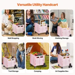 VEVOR Foldable Utility Cart, 65L Collapsible Portable Crate Rolling Cart with Stair Climbing Wheels & 360° Swivel Wheels, Hand Cart with Telescoping Handle for Shopping Office Moving Teacher, Pink