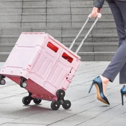 VEVOR Foldable Utility Cart, 65L Collapsible Portable Crate Rolling Cart with Stair Climbing Wheels & 360° Swivel Wheels, Hand Cart with Telescoping Handle for Shopping Office Moving Teacher, Pink