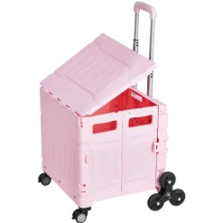VEVOR Foldable Utility Cart, 65L Collapsible Portable Crate Rolling Cart with Stair Climbing Wheels & 360° Swivel Wheels, Hand Cart with Telescoping Handle for Shopping Office Moving Teacher, Pink