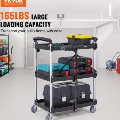 VEVOR Foldable Utility Service Cart, 3 Shelf 165LBS Heavy Duty Plastic Rolling Cart with Lockable Wheels, Ergonomic Handle, Portable Garage Tool Cart for Warehouse/Office/Home(25.62