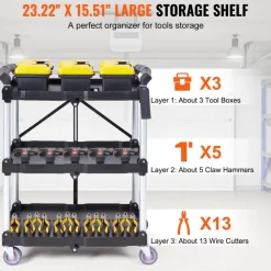 VEVOR Foldable Utility Service Cart, 3 Shelf 165LBS Heavy Duty Plastic Rolling Cart with Lockable Wheels, Ergonomic Handle, Portable Garage Tool Cart for Warehouse/Office/Home(25.62