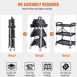 VEVOR Foldable Utility Service Cart, 3 Shelf 165LBS Heavy Duty Plastic Rolling Cart with Lockable Wheels, Ergonomic Handle, Portable Garage Tool Cart for Warehouse/Office/Home(25.62