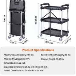 VEVOR Foldable Utility Service Cart, 3 Shelf 165LBS Heavy Duty Plastic Rolling Cart with Lockable Wheels, Ergonomic Handle, Portable Garage Tool Cart for Warehouse/Office/Home(25.62