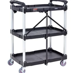 VEVOR Foldable Utility Service Cart, 3 Shelf 165LBS Heavy Duty Plastic Rolling Cart with Lockable Wheels, Ergonomic Handle, Portable Garage Tool Cart for Warehouse/Office/Home(25.62