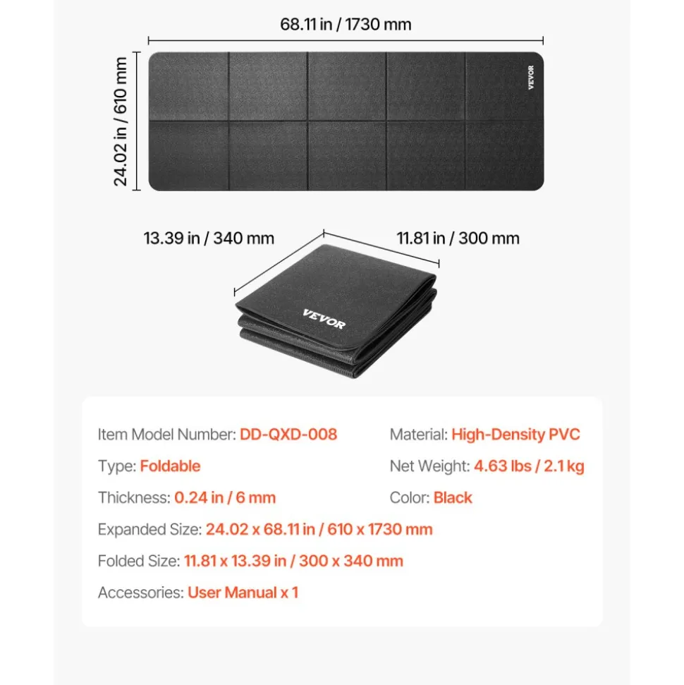 VEVOR Foldable Walking Pad Treadmill Mat, 1/4" Thick, 24" x 68" Exercise Equipment Mat for Elliptical on Carpet Hardwood Floor, High Density PVC Floor Protector, Waterproof and Non-slip for Home Gym