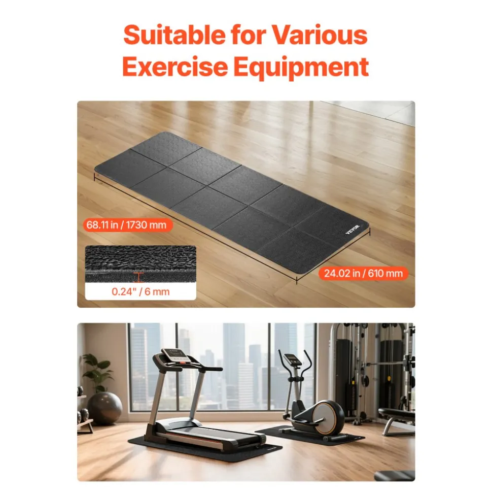 VEVOR Foldable Walking Pad Treadmill Mat, 1/4" Thick, 24" x 68" Exercise Equipment Mat for Elliptical on Carpet Hardwood Floor, High Density PVC Floor Protector, Waterproof and Non-slip for Home Gym