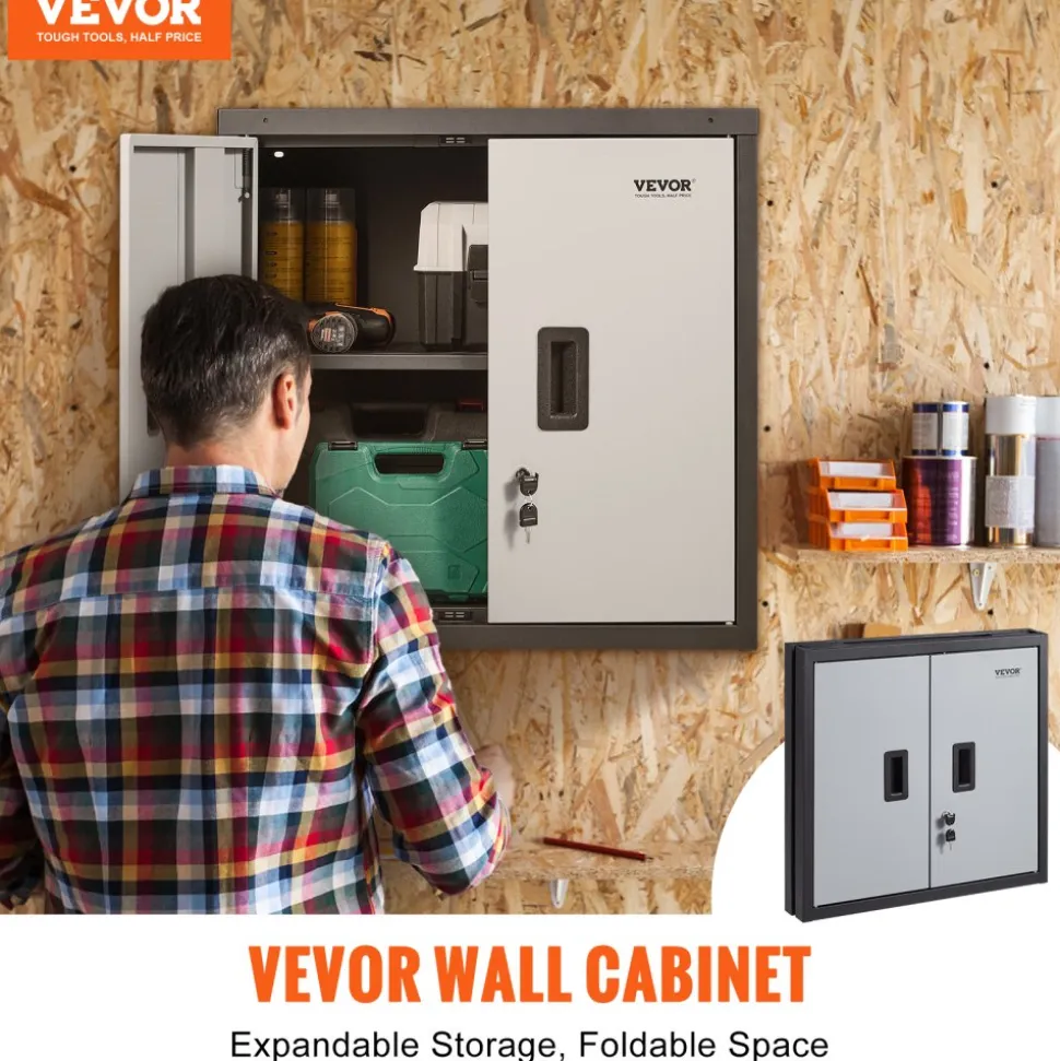 VEVOR Foldable Wall Cabinet, Metal Garage Locker Mounted 26" Small Tool Chest 240 LBS Loading Capacity Adjustable Shelf Magnetic Door File for Warehouse Office Home Black