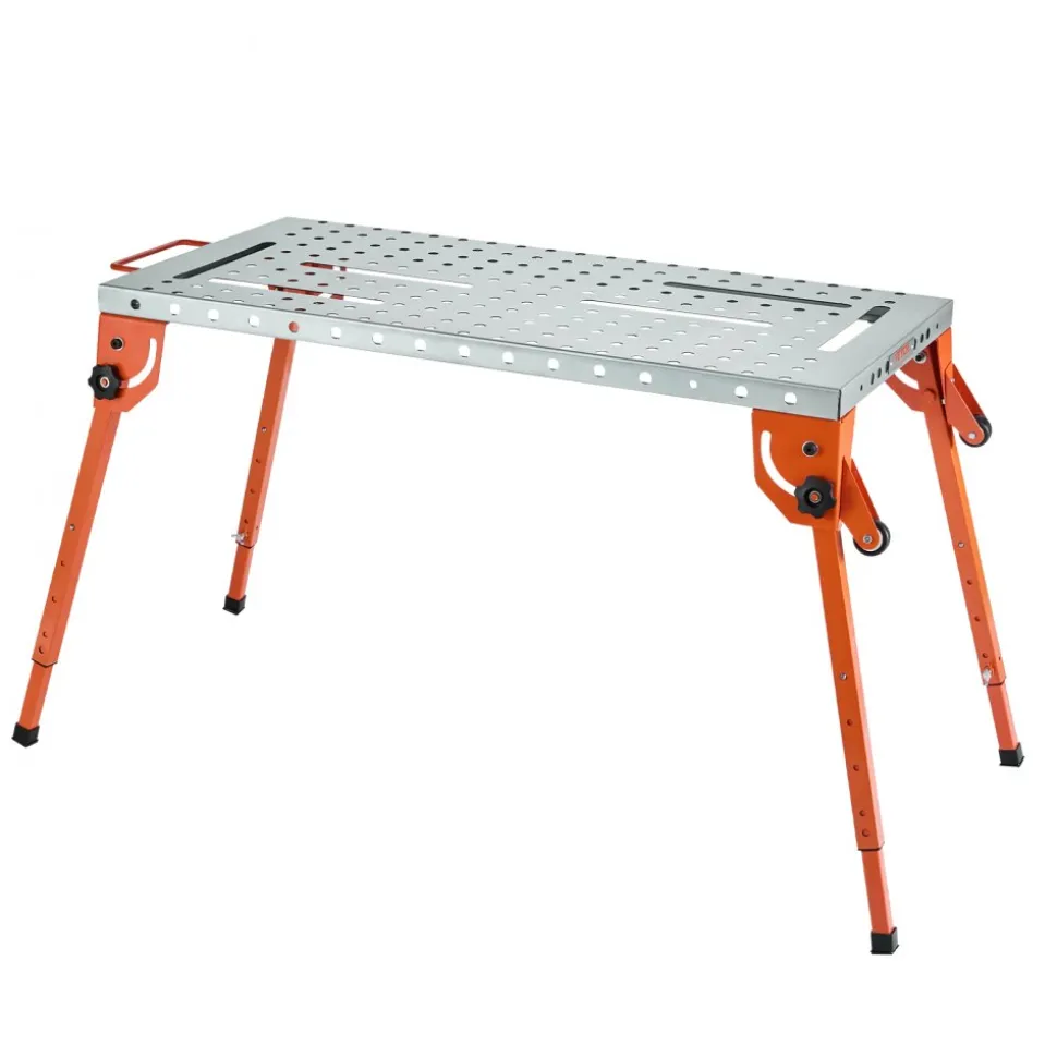 VEVOR Foldable Welding Table 44" x 21", 500LBS Capacity Welding Workbench with 4-Level Adjustable Height, Carbon Steel Work Bench with 6 Tool Slots & 0.63" Fixture Holes for Welding Assembly Repair