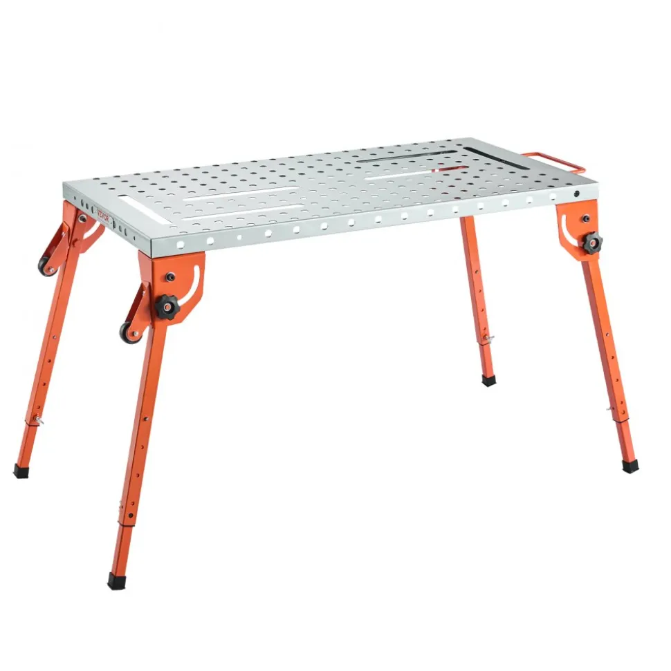 VEVOR Foldable Welding Table 44" x 21", 500LBS Capacity Welding Workbench with 4-Level Adjustable Height, Carbon Steel Work Bench with 6 Tool Slots & 0.63" Fixture Holes for Welding Assembly Repair