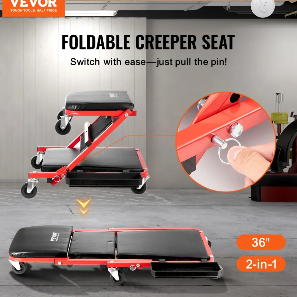VEVOR Foldable Z Garage Creeper, 36 in, 300 lbs Load Capacity Rolling Folding Mechanic Creeper Stool, with 6 Wheels Tool Tray Padded Seat Steel Frame, Lay Down or Sit Chair for Garage Shop or Home