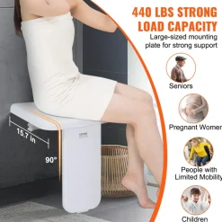 VEVOR Folding ABS Shower Seat, 15.7'' x 16.7'' Unfolded, Wall Mounted Fold Up Shower Bench with 440 lbs Load Capacity, Space Saving Fold Down Shower Chair for Seniors Pregnant Women Children Adults
