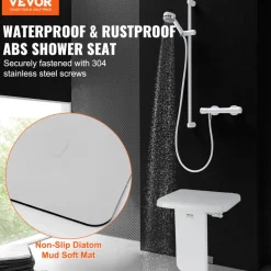 VEVOR Folding ABS Shower Seat, 15.7'' x 16.7'' Unfolded, Wall Mounted Fold Up Shower Bench with 440 lbs Load Capacity, Space Saving Fold Down Shower Chair for Seniors Pregnant Women Children Adults