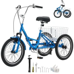 VEVOR Folding Adult Tricycle 20 inch 7 Speed Foldable Trikes for Adult, 3 Wheel Cruiser Bike w/ Cargo Basket, Adjustable Seat, Double-Wall Wheel Rims, Shopping Picnic Tricycles for Women, Men, Senior