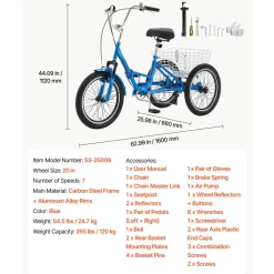 VEVOR Folding Adult Tricycle 20 inch 7 Speed Foldable Trikes for Adult, 3 Wheel Cruiser Bike w/ Cargo Basket, Adjustable Seat, Double-Wall Wheel Rims, Shopping Picnic Tricycles for Women, Men, Senior
