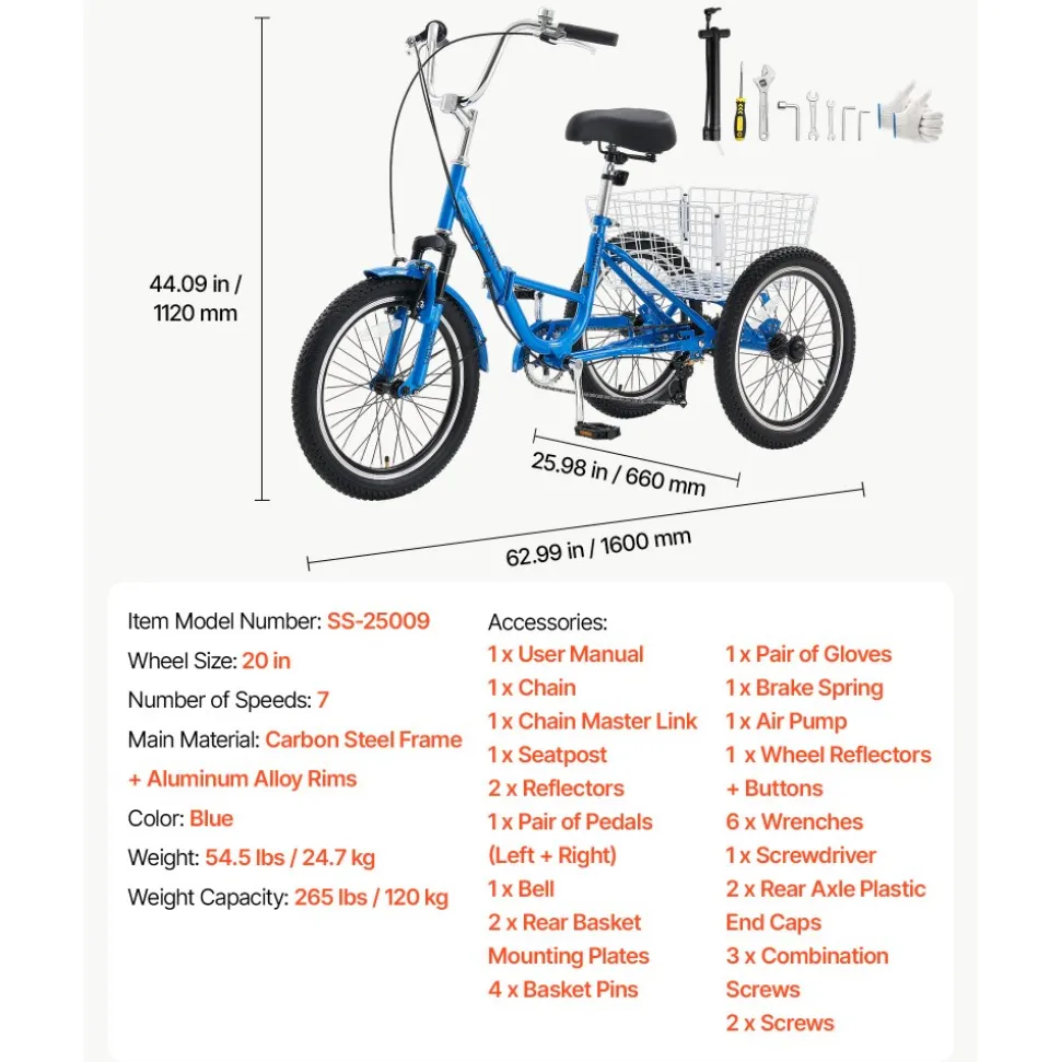 VEVOR Folding Adult Tricycle 20 inch 7 Speed Foldable Trikes for Adult, 3 Wheel Cruiser Bike w/ Cargo Basket, Adjustable Seat, Double-Wall Wheel Rims, Shopping Picnic Tricycles for Women, Men, Senior