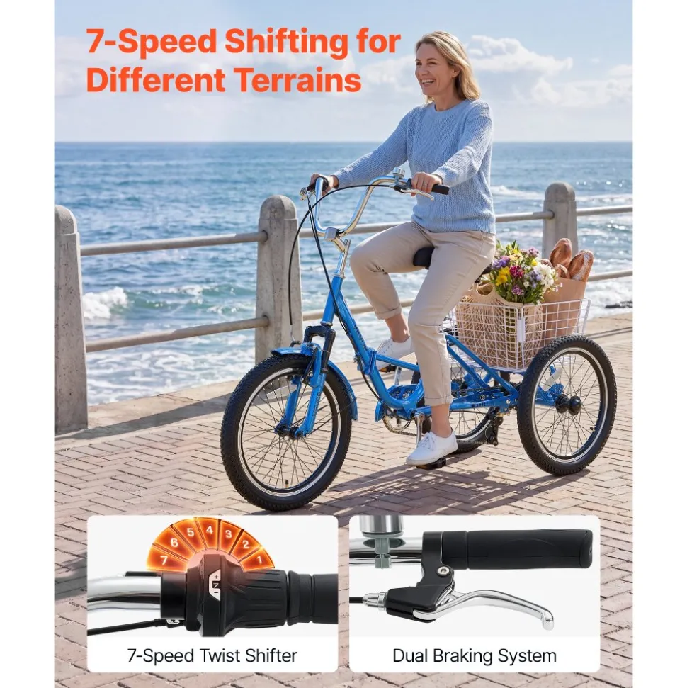 VEVOR Folding Adult Tricycle 20 inch 7 Speed Foldable Trikes for Adult, 3 Wheel Cruiser Bike w/ Cargo Basket, Adjustable Seat, Double-Wall Wheel Rims, Shopping Picnic Tricycles for Women, Men, Senior