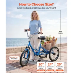 VEVOR Folding Adult Tricycle 20 inch 7 Speed Foldable Trikes for Adult, 3 Wheel Cruiser Bike w/ Cargo Basket, Adjustable Seat, Double-Wall Wheel Rims, Shopping Picnic Tricycles for Women, Men, Senior