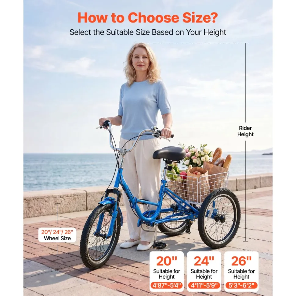 VEVOR Folding Adult Tricycle 20 inch 7 Speed Foldable Trikes for Adult, 3 Wheel Cruiser Bike w/ Cargo Basket, Adjustable Seat, Double-Wall Wheel Rims, Shopping Picnic Tricycles for Women, Men, Senior