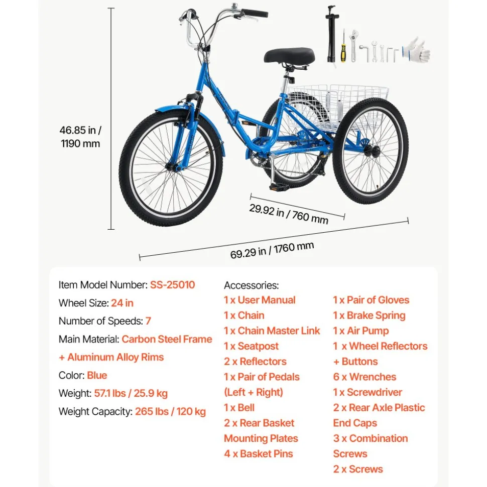 VEVOR Folding Adult Tricycle, 24-Inch Adult Folding Trikes, Carbon Steel 3 Wheel Cruiser Bike with Large Basket & Adjustable Seat, Shopping Picnic Foldable Tricycles for Women, Men, Seniors (Red)