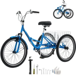 VEVOR Folding Adult Tricycle, 24-Inch Adult Folding Trikes, Carbon Steel 3 Wheel Cruiser Bike with Large Basket & Adjustable Seat, Shopping Picnic Foldable Tricycles for Women, Men, Seniors (Red)