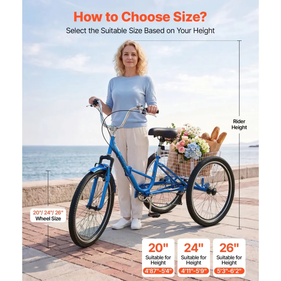 VEVOR Folding Adult Tricycle, 24-Inch Adult Folding Trikes, Carbon Steel 3 Wheel Cruiser Bike with Large Basket & Adjustable Seat, Shopping Picnic Foldable Tricycles for Women, Men, Seniors (Red)