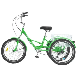 VEVOR Folding Adult Tricycle, 24-Inch 7-Speed Adult Folding Trikes, Carbon Steel 3 Wheel Cruiser Bike with Basket & Adjustable Seat, Shopping Picnic Foldable Tricycles for Women, Men, Seniors (Green)