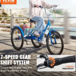 VEVOR Folding Adult Tricycle, 20-Inch 7-Speed Adult Folding Trikes, Carbon Steel 3 Wheel Cruiser Bike with Large Basket & Adjustable Seat, Shopping Picnic Foldable Tricycles for Women, Men, Seniors