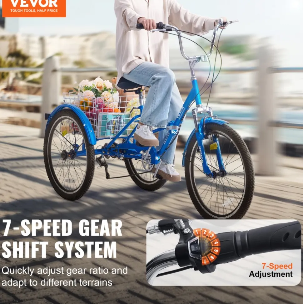 VEVOR Folding Adult Tricycle, 24-Inch 7-Speed Adult Folding Trikes, Carbon Steel 3 Wheel Cruiser Bike with Basket & Adjustable Seat, Shopping Picnic Foldable Tricycles for Women, Men, Seniors (Blue)