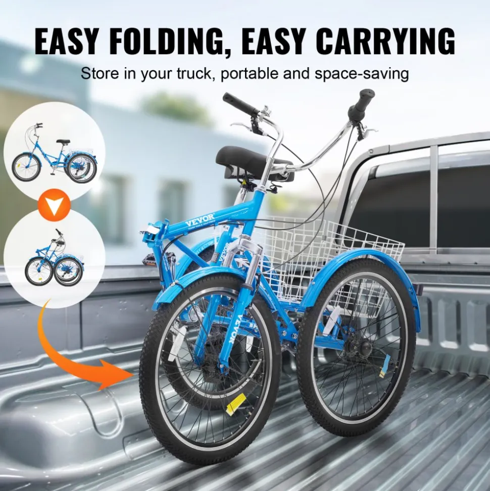 VEVOR Folding Adult Tricycle, 24-Inch 7-Speed Adult Folding Trikes, Carbon Steel 3 Wheel Cruiser Bike with Basket & Adjustable Seat, Shopping Picnic Foldable Tricycles for Women, Men, Seniors (Blue)
