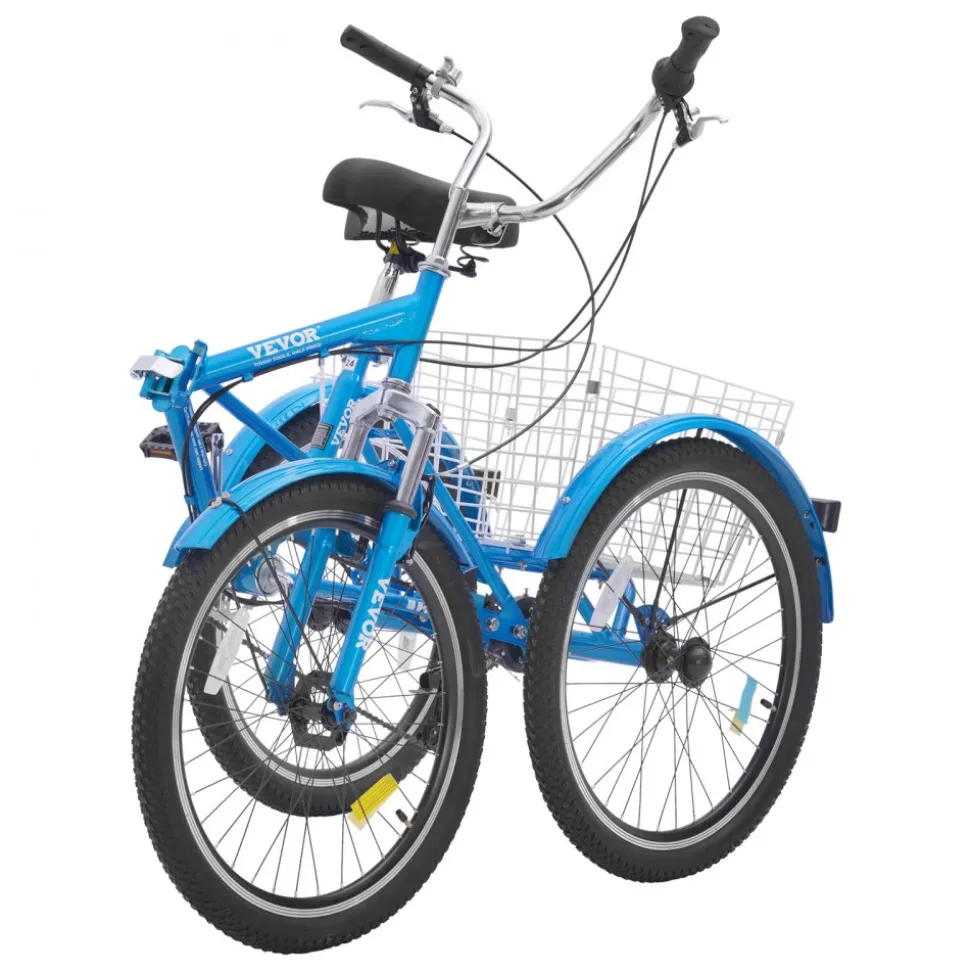 VEVOR Folding Adult Tricycle, 24-Inch 7-Speed Adult Folding Trikes, Carbon Steel 3 Wheel Cruiser Bike with Basket & Adjustable Seat, Shopping Picnic Foldable Tricycles for Women, Men, Seniors (Blue)