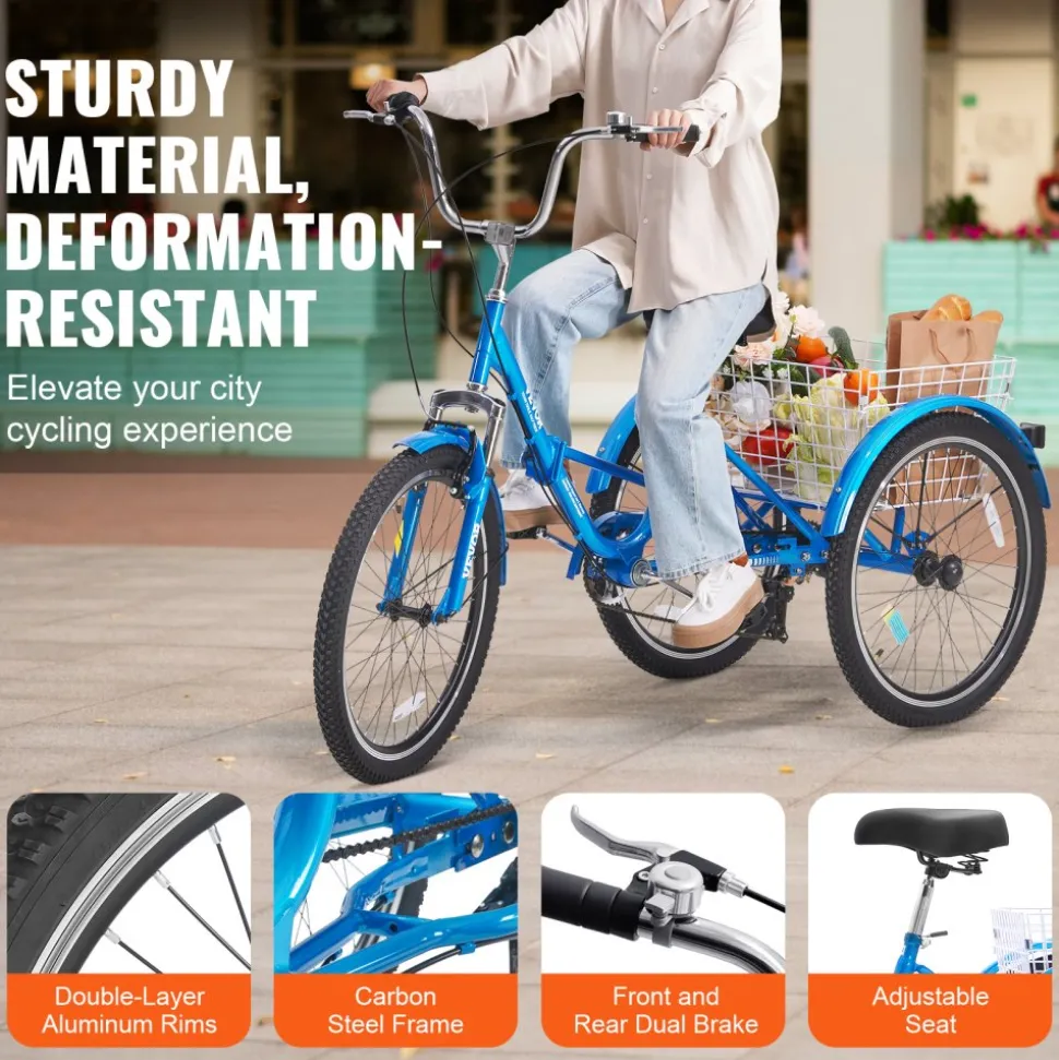 VEVOR Folding Adult Tricycle, 24-Inch 7-Speed Adult Folding Trikes, Carbon Steel 3 Wheel Cruiser Bike with Basket & Adjustable Seat, Shopping Picnic Foldable Tricycles for Women, Men, Seniors (Blue)