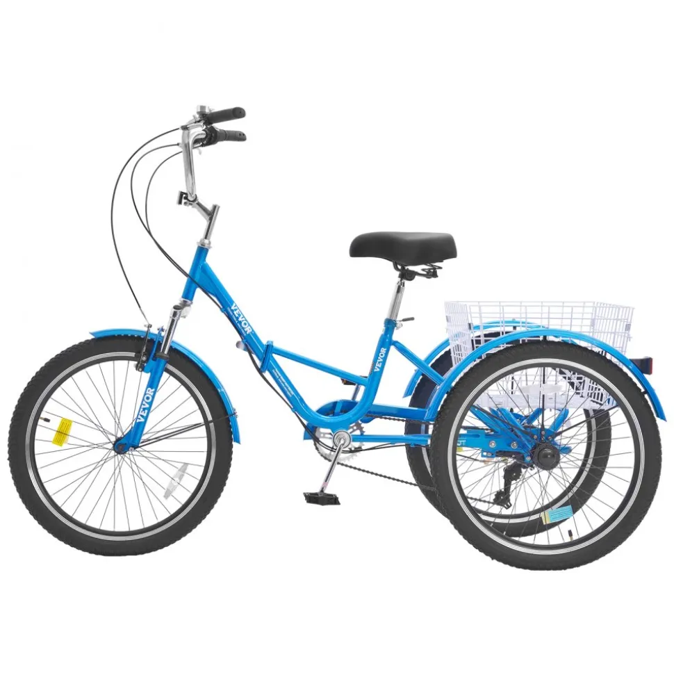 VEVOR Folding Adult Tricycle, 24-Inch 7-Speed Adult Folding Trikes, Carbon Steel 3 Wheel Cruiser Bike with Basket & Adjustable Seat, Shopping Picnic Foldable Tricycles for Women, Men, Seniors (Blue)