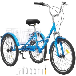 VEVOR Folding Adult Tricycle, 24-Inch 7-Speed Adult Folding Trikes, Carbon Steel 3 Wheel Cruiser Bike with Basket & Adjustable Seat, Shopping Picnic Foldable Tricycles for Women, Men, Seniors (Blue)
