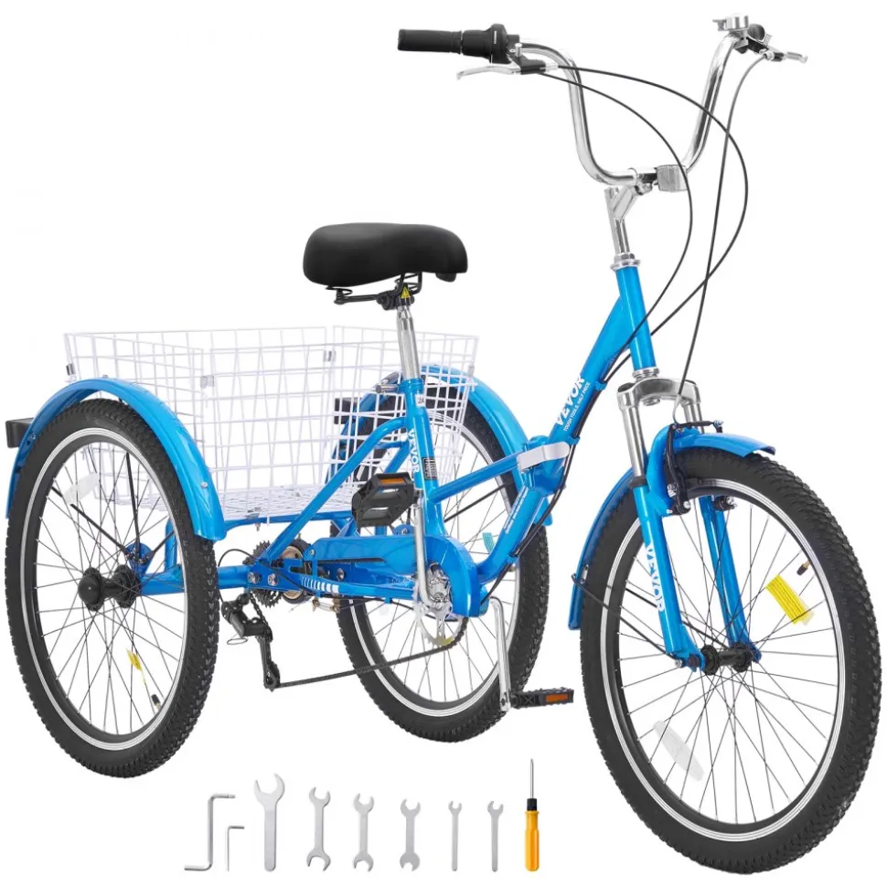 VEVOR Folding Adult Tricycle, 24-Inch 7-Speed Adult Folding Trikes, Carbon Steel 3 Wheel Cruiser Bike with Basket & Adjustable Seat, Shopping Picnic Foldable Tricycles for Women, Men, Seniors (Blue)