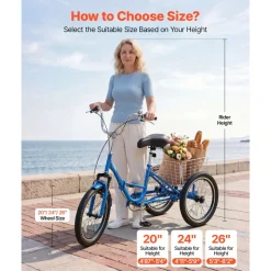 VEVOR Folding Adult Tricycle 20 inch 3 Wheel Foldable Trikes for Adult, Cruiser Bike with Cargo Basket, Adjustable Seat, and Double-Wall Wheel Rims, Shopping Picnic Tricycles for Women, Men, Seniors
