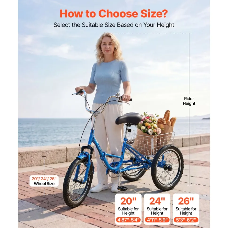 VEVOR Folding Adult Tricycle 20 inch 3 Wheel Foldable Trikes for Adult, Cruiser Bike with Cargo Basket, Adjustable Seat, and Double-Wall Wheel Rims, Shopping Picnic Tricycles for Women, Men, Seniors