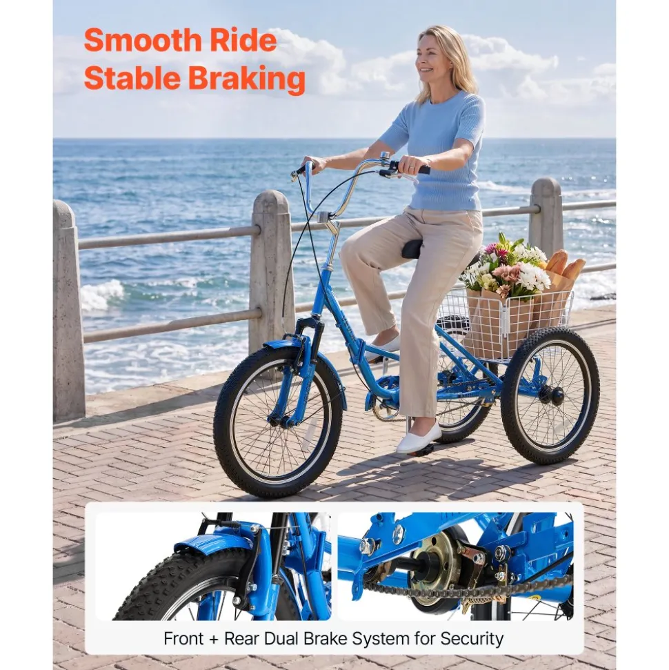 VEVOR Folding Adult Tricycle 20 inch 3 Wheel Foldable Trikes for Adult, Cruiser Bike with Cargo Basket, Adjustable Seat, and Double-Wall Wheel Rims, Shopping Picnic Tricycles for Women, Men, Seniors