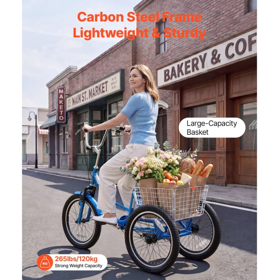 VEVOR Folding Adult Tricycle 20 inch 3 Wheel Foldable Trikes for Adult, Cruiser Bike with Cargo Basket, Adjustable Seat, and Double-Wall Wheel Rims, Shopping Picnic Tricycles for Women, Men, Seniors